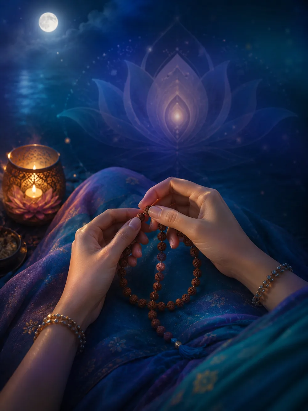 Hands counting the beads of a rudraksha mālā by candlelight.
