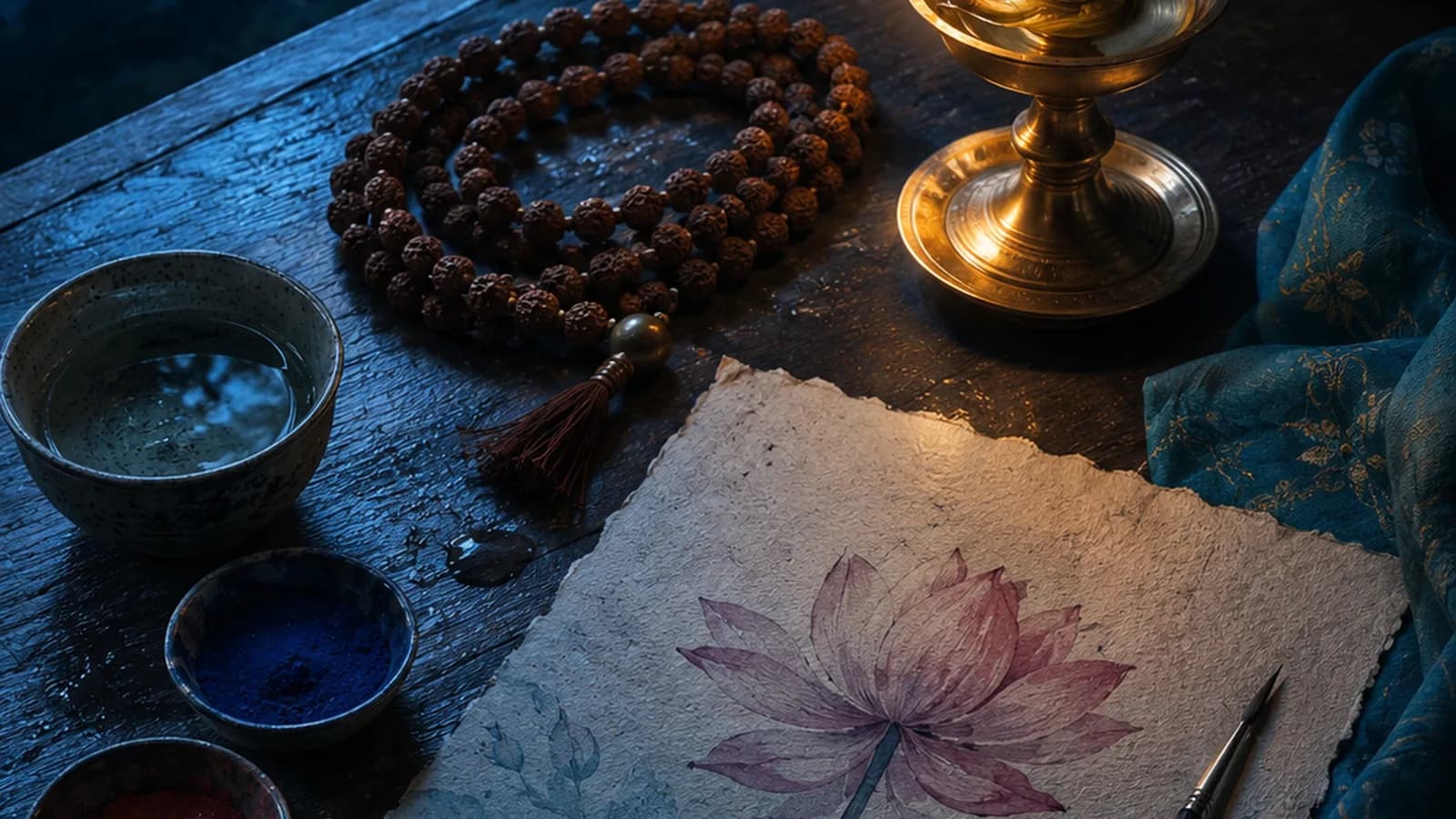 A devotional artist's table at night — a rudraksha mālā, a brass oil lamp, bowls of pigment and a lotus painted on handmade paper.